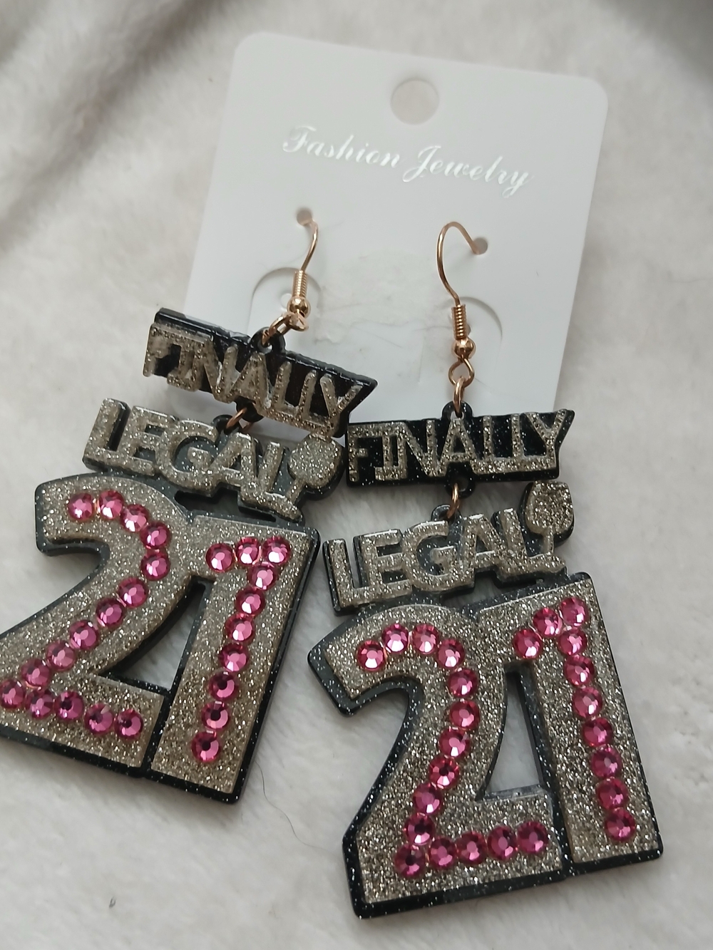 21st Birthday Earrings "Finally Legal - 21" Shimmer & Ponk Rhinestones - NWT